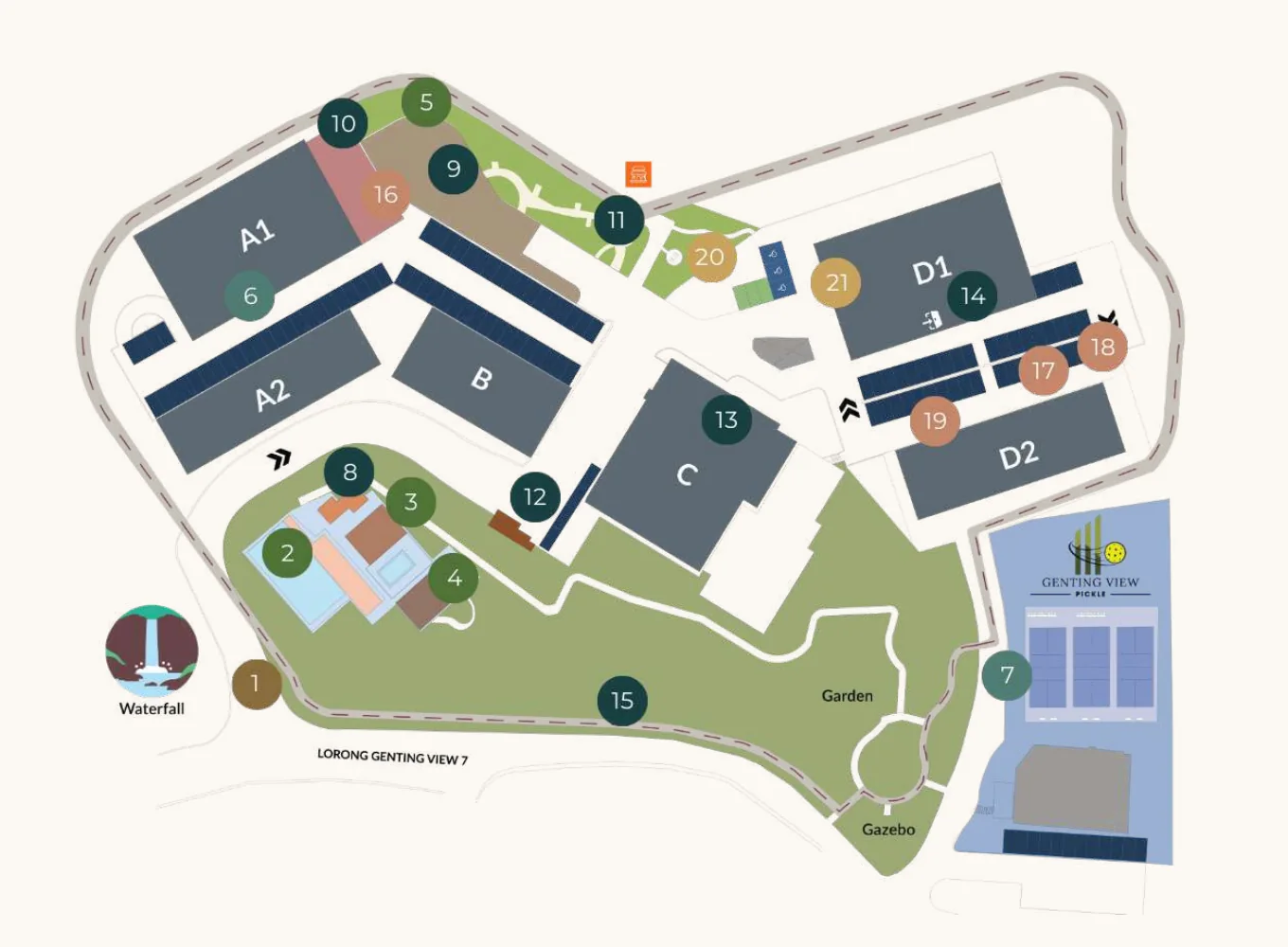 Site plan of Kempas Residences with 21 numbered facilities, Block C at the centre, pickleball courts to the east and the waterfall to the west