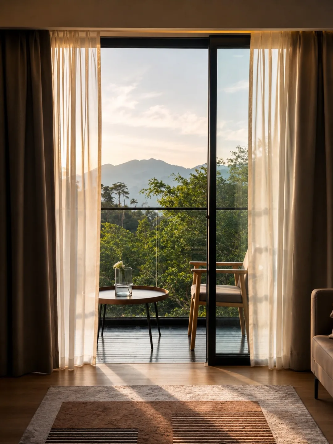 Balcony of a furnished unit at golden hour, sheer curtains drawn back to the Genting hills