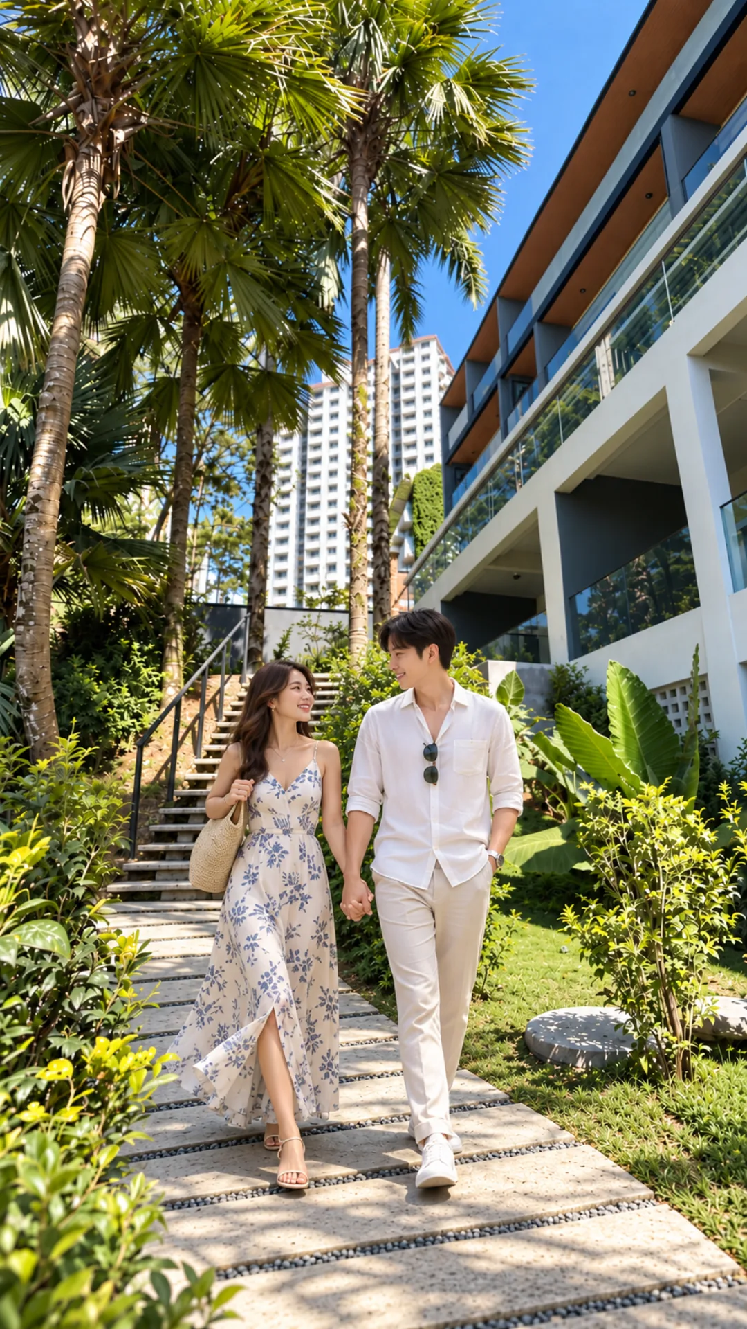 A couple walking the landscaped path below Block C, palms and planting either side